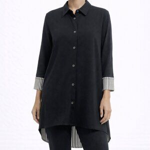 $115 Iridium Women Black Button Down Tunic Shirt Small Striped Minimalist Preppy